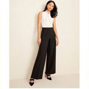 Ann Taylor Black White Pussybow Tie Back Black White Wide-Leg Jumpsuit 2P XSP 0
